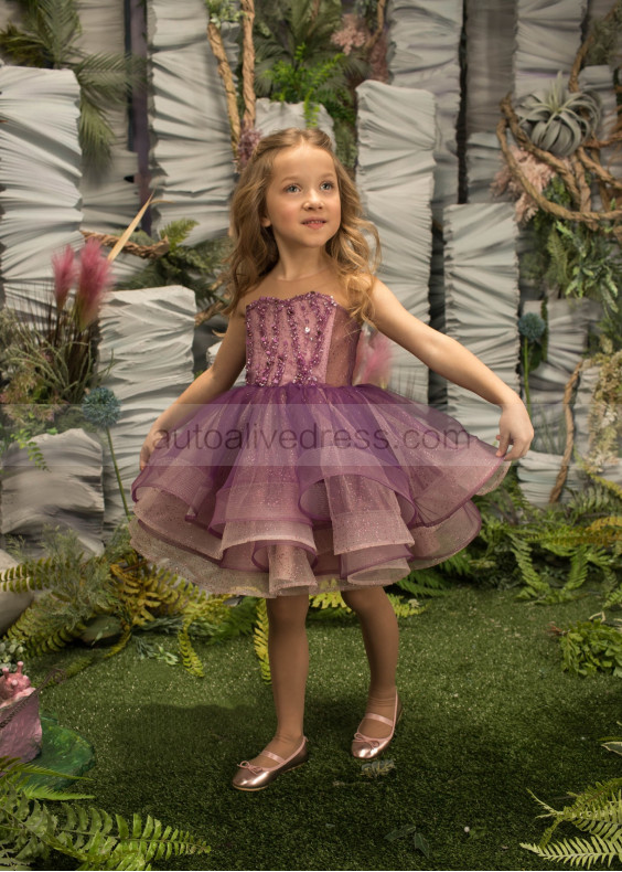 Beaded Purple Tulle Knee Length Heart Back Flower Girl Dress Beaded Purple Tulle Knee Length Heart Back Flower Girl Dress